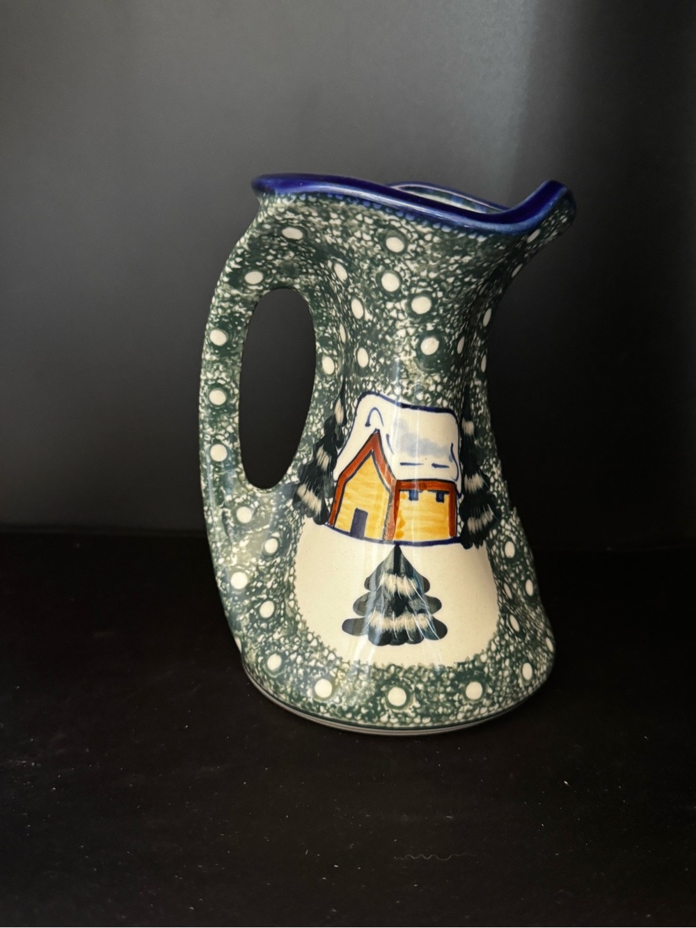 Vintage Polish Pottery Cabin Snow Tree Pitcher